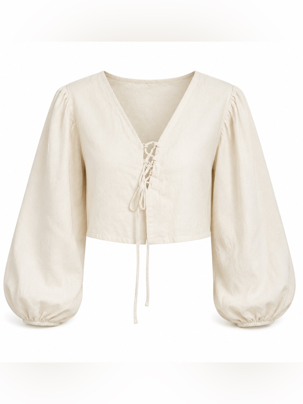 Sabo Skirt Cream Lace-Up V-Neck Crop Top with Balloon Sleeves